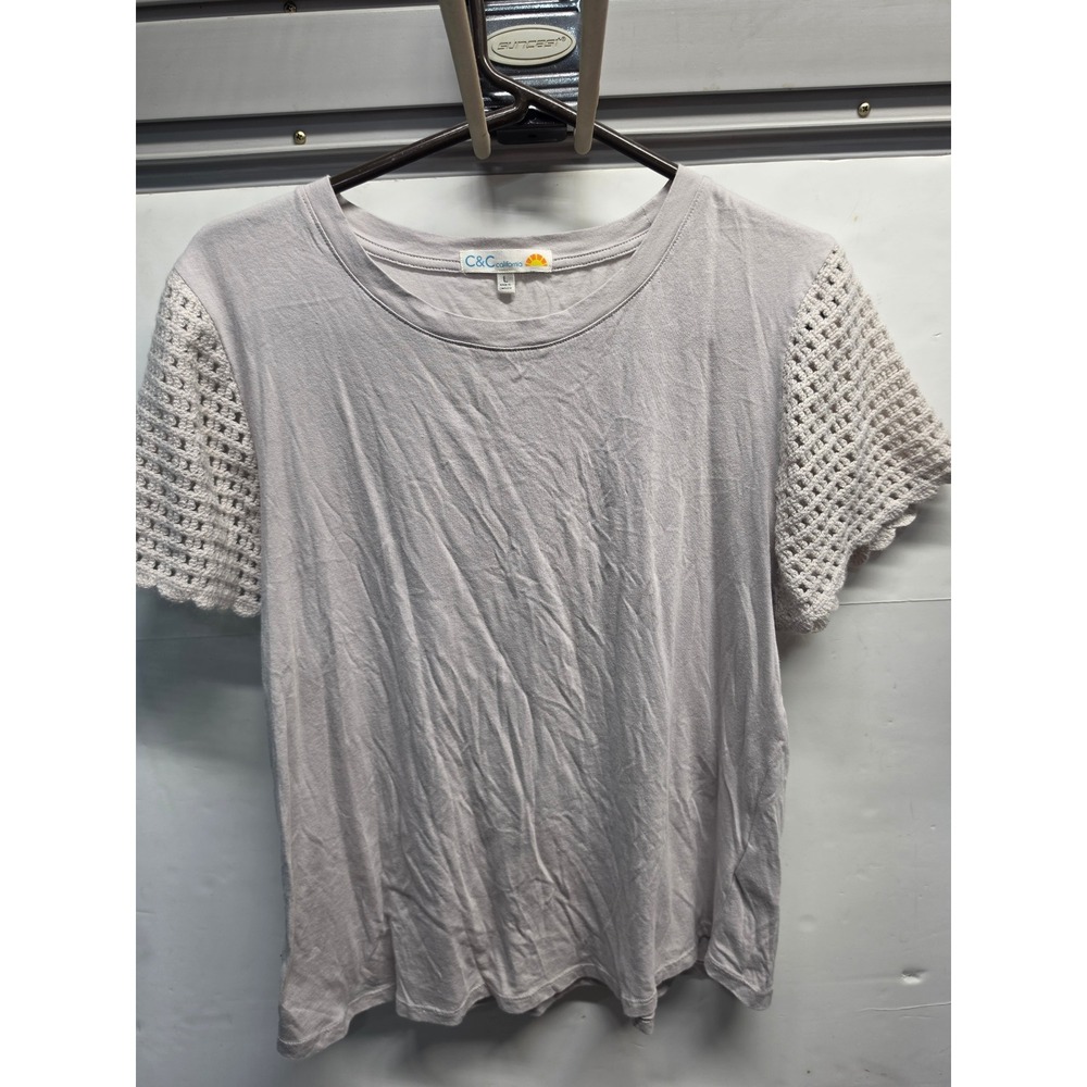 C&C California Womens Crochet Short Sleeve Mixed Media T-Shirt Grey Large